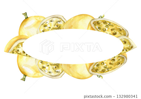 Tropical fruits banner template with yellow passion fruits, slices and pieces watercolor illustration. Hand drawn exotic vegan food clipart, summer fresh and drink ingredient painting for menu design 132980341