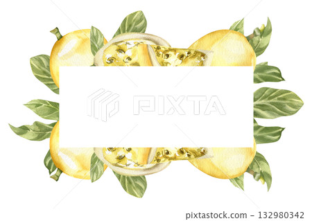 Tropical fruits and leaves watercolor banner with yellow passion fruit ripe,slices and green leaves illustration. Hand drawn exotic juicy vegan food frame, summer fresh and cocktail ingredient 132980342