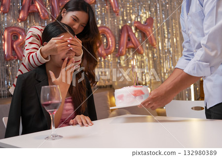 Group of Friends Celebrating Birthday Party with Cake and Gifts Group of Friends Celebrating Birthday Party with Cake and Gifts 132980389