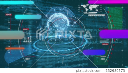 Wireframe globe rotating in control panel, with holographic rings and floating colored bars 132980573