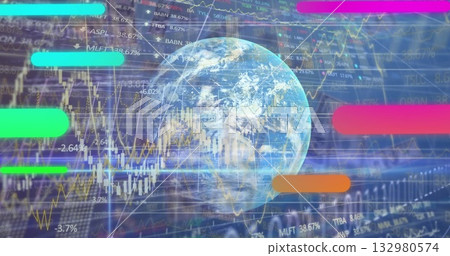 Displaying globe overlaying market data on trading interface, with candlestick charts and tickers 132980574