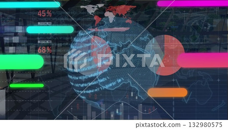 Displaying digital globe scrolling code text at control hub with color bars, percentages and graphs 132980575
