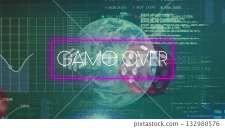White GAME OVER text floating in futuristic virtual interface, with globe and dice sphere 132980576
