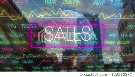 Framing neon pink highlight drawing white SALES text over globe on trading dashboard, with tickers 132980577