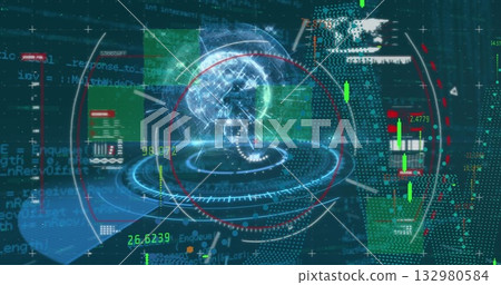 Displaying holographic globe projection rotating in digital interface, with HUD rings, data panels Displaying holographic globe projection rotating in digital interface, with HUD rings, data panels 132980584