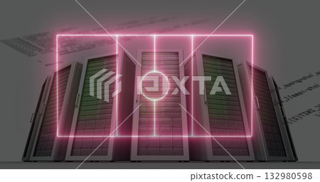 Showing five black server racks glowing with green-lit drives and neon pink overlay in data center Showing five black server racks glowing with green-lit drives and neon pink overlay in data center 132980598