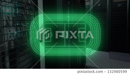 Displaying neon green holographic stadium hovering in server room, with server racks cables lights 132980599