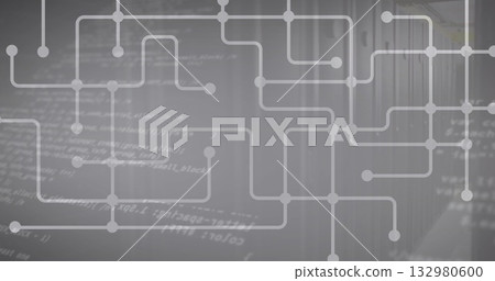 Floating network diagram overlay tracing data center backdrop, with code and server cabinets Floating network diagram overlay tracing data center backdrop, with code and server cabinets 132980600