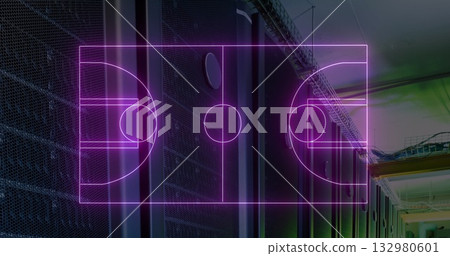 Floating neon pink holographic basketball court in server room, with server racks and cable trays 132980601