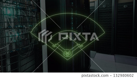 Holographic baseball diamond glowing neon-green in server corridor, revealing network cable bundles Holographic baseball diamond glowing neon-green in server corridor, revealing network cable bundles 132980602