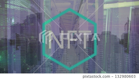 Displaying teal hexagon enclosing NFT text in corridor and skyline blend, with code patterns Displaying teal hexagon enclosing NFT text in corridor and skyline blend, with code patterns 132980603