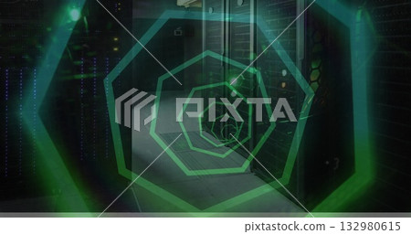 Floating green hexagon hologram above server racks, floor vents and network cables in data center Floating green hexagon hologram above server racks, floor vents and network cables in data center 132980615