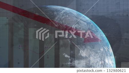 Displaying 3D Earth globe showing data trends in dashboard, with translucent bar charts, red arrow Displaying 3D Earth globe showing data trends in dashboard, with translucent bar charts, red arrow 132980621