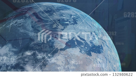 Displaying Earth globe showing Europe and northern Africa in space, with code overlays and padlocks Displaying Earth globe showing Europe and northern Africa in space, with code overlays and padlocks 132980622