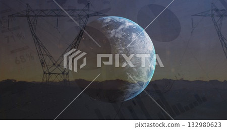 Hovering Earth sphere over mountain ridge at twilight, with transmission towers and data overlays Hovering Earth sphere over mountain ridge at twilight, with transmission towers and data overlays 132980623
