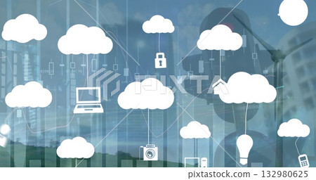 Showing cloud cluster linking padlock icon over green field beside office building, with charts 132980625
