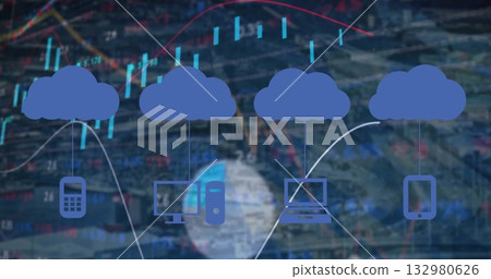 Connecting four blue cloud icons to smartphone, desktop computer, laptop, tablet in digital graphic 132980626