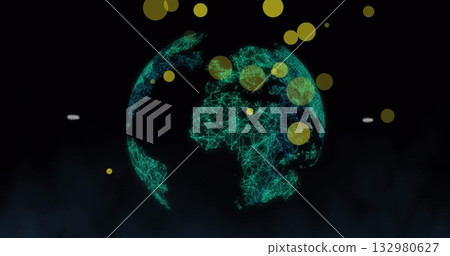 Floating wireframe globe hovering in dark virtual space, with yellow translucent data points Floating wireframe globe hovering in dark virtual space, with yellow translucent data points 132980627