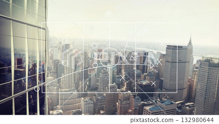 Mapping skyline through office windows, with glass curtain-wall tower and tactical diagram overlay Mapping skyline through office windows, with glass curtain-wall tower and tactical diagram overlay 132980644