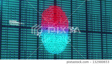 Presenting stylized fingerprint graphic on screen over data grid with white arrows showing security 132980653
