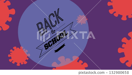 Featuring stylized blue circle containing BACK to SCHOOL text on purple field, with virus shapes Featuring stylized blue circle containing BACK to SCHOOL text on purple field, with virus shapes 132980658