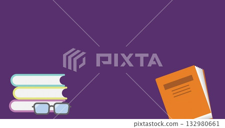 Displaying stacked pastel books with eyeglasses and open orange book on purple canvas, copy space 132980661