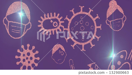 Displaying central virus pulsing on purple backdrop, with chalk-style masks, thermometer, flask 132980663