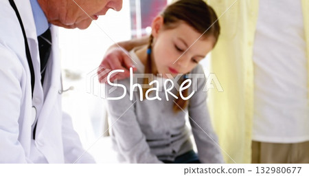 Doctor holding stethoscope talking with girl on exam table, with father placing hand on shoulder Doctor holding stethoscope talking with girl on exam table, with father placing hand on shoulder 132980677