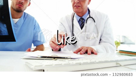 Doctors reviewing X-ray and clipboard documents in clinic, with stethoscope and keyboard Doctors reviewing X-ray and clipboard documents in clinic, with stethoscope and keyboard 132980683