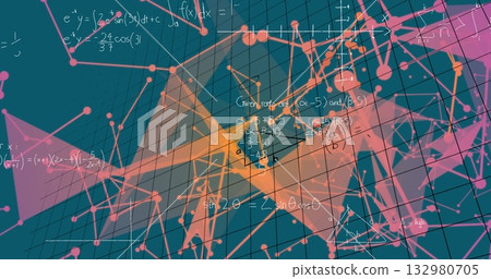 Displaying wireframe grid with neon nodes, connecting lines and math equations in digital space 132980705