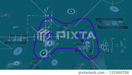 Displaying purple controller outline glowing in digital workspace, with Cartesian axes and parabola Displaying purple controller outline glowing in digital workspace, with Cartesian axes and parabola 132980708