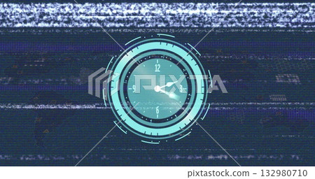Displaying futuristic circular clock interface on glitchy static background, with rotating hands Displaying futuristic circular clock interface on glitchy static background, with rotating hands 132980710