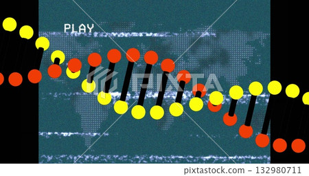 Displaying stylized DNA helix undulating across teal world map, with glitch lines and PLAY text 132980711