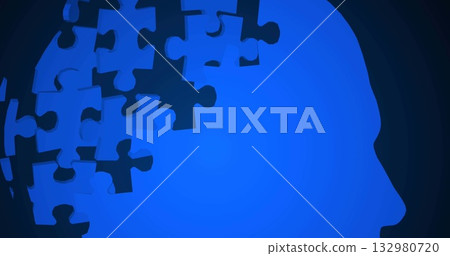 Depicting bright blue head silhouette losing puzzle pieces in navy gradient, with floating pieces Depicting bright blue head silhouette losing puzzle pieces in navy gradient, with floating pieces 132980720