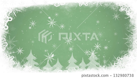Holiday card featuring flakes and starbursts on green backdrop with evergreen trees, border Holiday card featuring flakes and starbursts on green backdrop with evergreen trees, border 132980738