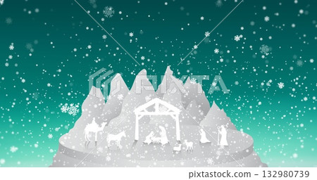 Depicting nativity scene with stable, infant in manger and camels in mountains, with snowflakes Depicting nativity scene with stable, infant in manger and camels in mountains, with snowflakes 132980739