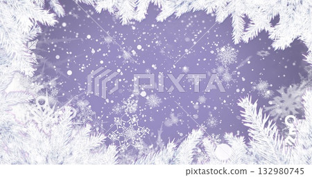 Winter holiday scene presenting gentle snowfall in digital illustration, with frosted fir branches Winter holiday scene presenting gentle snowfall in digital illustration, with frosted fir branches 132980745