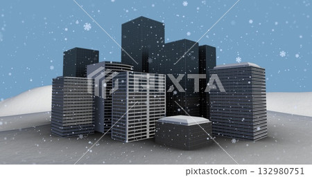 Falling snowflakes covering high-rise towers on snow plain, with grid windows and digital flakes Falling snowflakes covering high-rise towers on snow plain, with grid windows and digital flakes 132980751