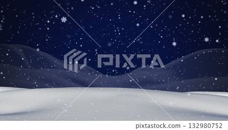 Snow-covered landscape spreading across nighttime field, with rolling hills and falling snowflakes 132980752