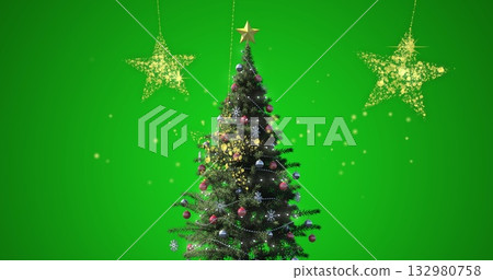 Showcasing decorated tree standing against green backdrop, with star topper and hanging gold stars 132980758