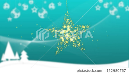 Glittering golden particle-based star hanging in winter scene, with pine trees and celestial icons Glittering golden particle-based star hanging in winter scene, with pine trees and celestial icons 132980767