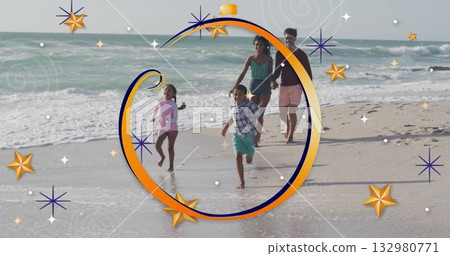 Running children with parents following on beach shore, with golden crescent frame and ocean waves 132980771