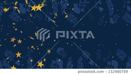 Showing navy-blue wallpaper featuring scattered golden stars and sparkles, with botanical vines Showing navy-blue wallpaper featuring scattered golden stars and sparkles, with botanical vines 132980789