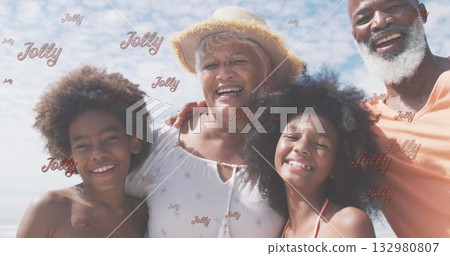 Smiling three-generation family linking arms on sandy beach under bright sky, with straw sun hat Smiling three-generation family linking arms on sandy beach under bright sky, with straw sun hat 132980807