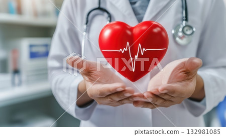 Doctor holding a red heart with a heartbeat symbol in hands while wearing a stethoscope in a clinical environment 132981085