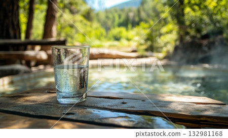 Clear glass of water rests on a wooden table beside a natural hot spring in a serene forest setting during a sunny day 132981168