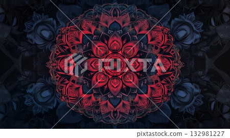 Intricate mandala design featuring vibrant red patterns against a dark background in a digital artwork 132981227