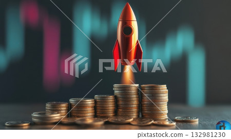 Increasing investments depicted by a rocket launching above a stack of coins in a digital financial setting Increasing investments depicted by a rocket launching above a stack of coins in a digital financial setting 132981230