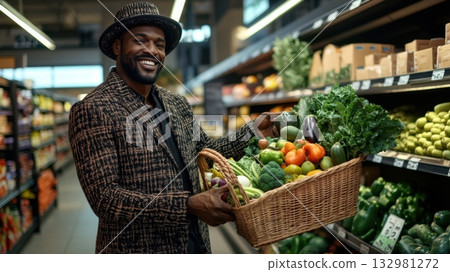 Smiling man holding a basket of fresh vegetables in a modern grocery store during daytime Smiling man holding a basket of fresh vegetables in a modern grocery store during daytime 132981272