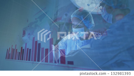 Performing surgery surgeon wearing scrubs mask in operating theater, bar-line graph overlay 132981393